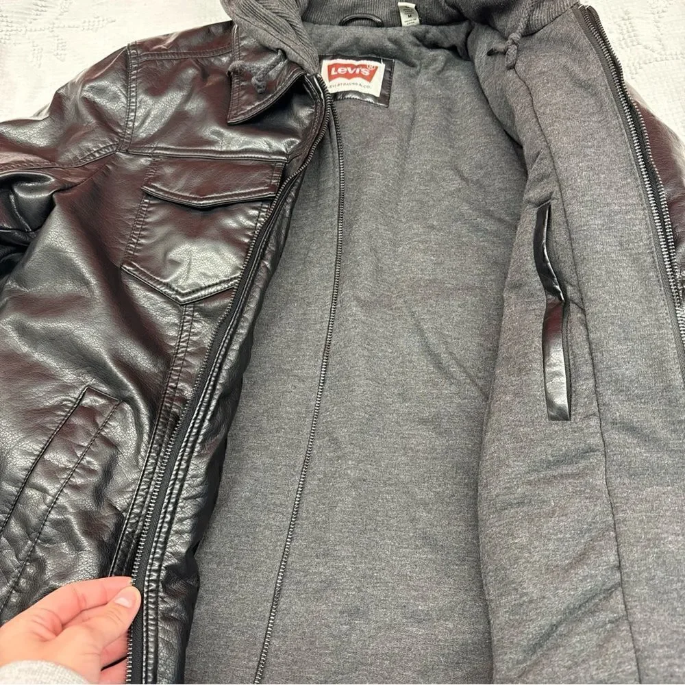 Levi's Black Leather Hoodie Sweatshirt Jacket Size M